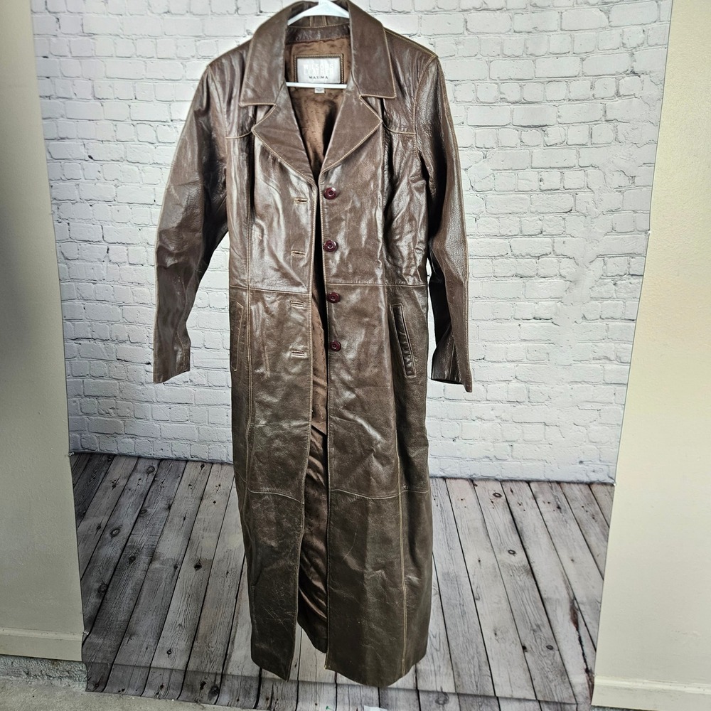 Wilsons Leather Maxima Brown Leather Trench Coat Long Duster Jacket Womens Large